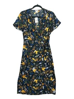 J.Crew Dress Women’s 4 Navy Drapey Twill Wrap Midi Jungle Cats Leaves AO411